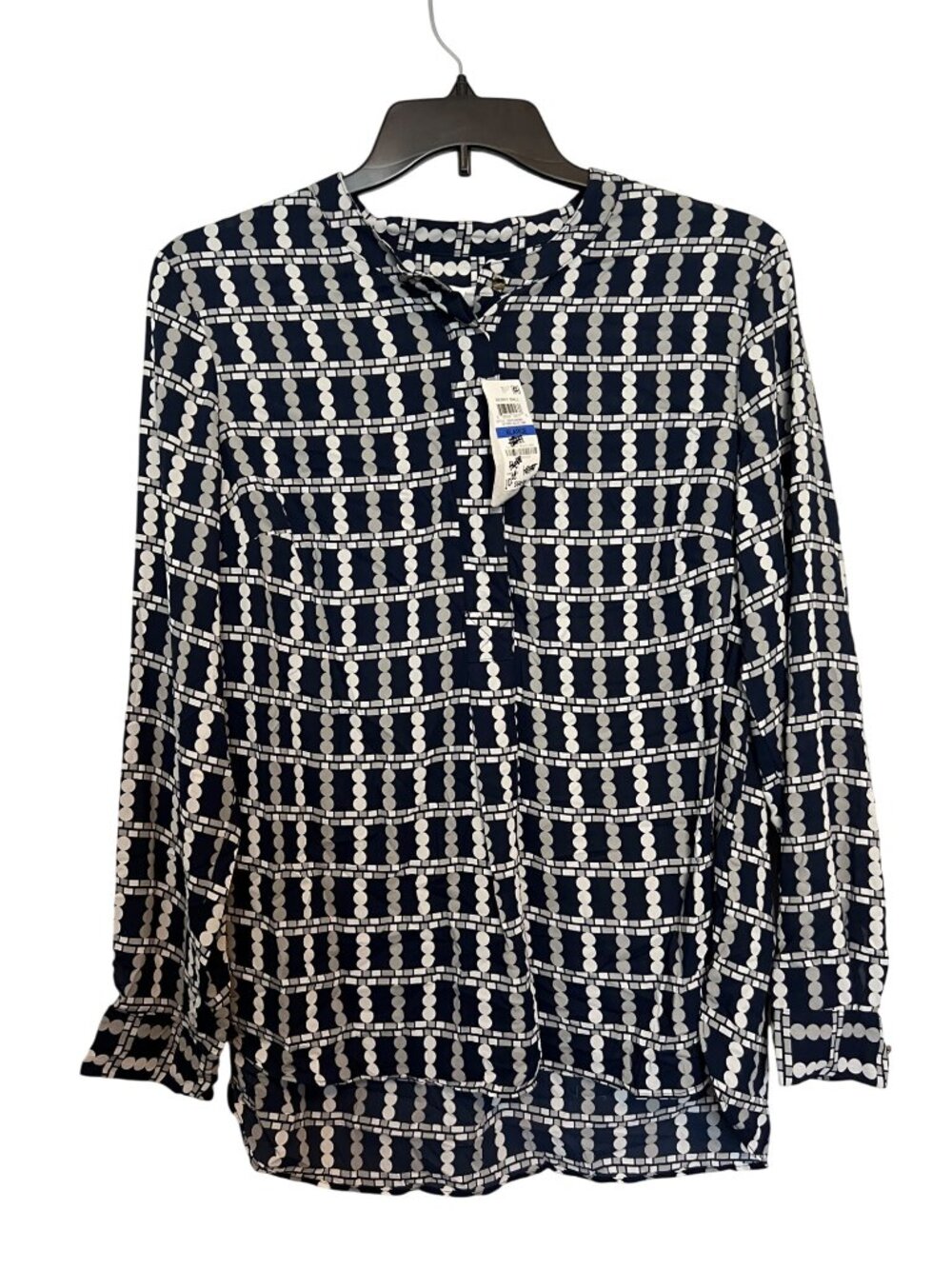 Charter Club Navy & White Geo Print Blouse XL 100% Polyester Long Sleeve Lightwe